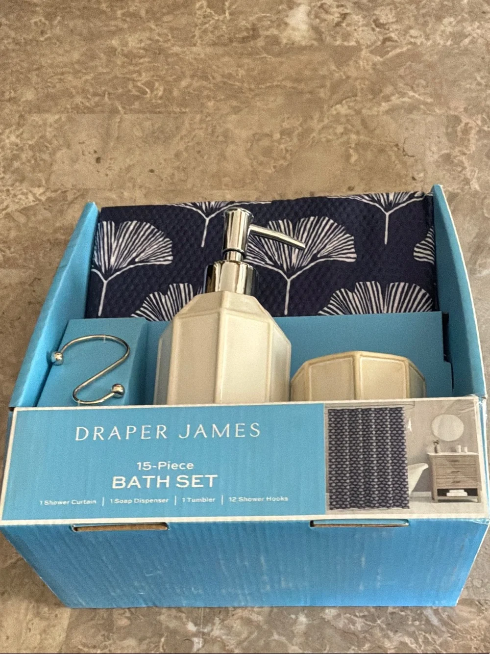 Draper James Navy and White Ceramic  Bath Set With Shower Curtain
